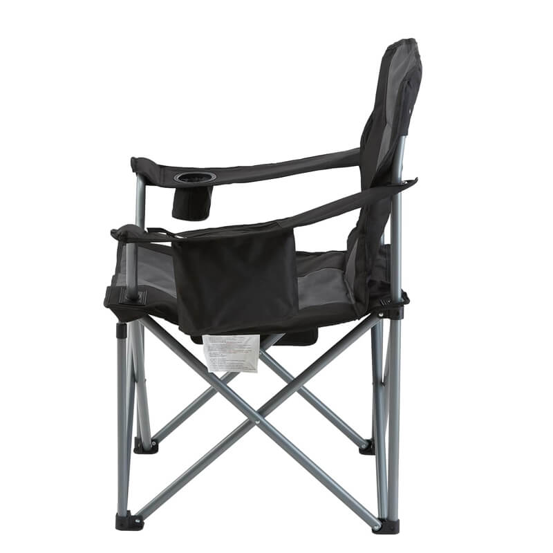 Black and gray color-blocked high back folding camping chair side view with armrests, cup holder and large side storage bag, metal X-shaped bracket leisure chair.