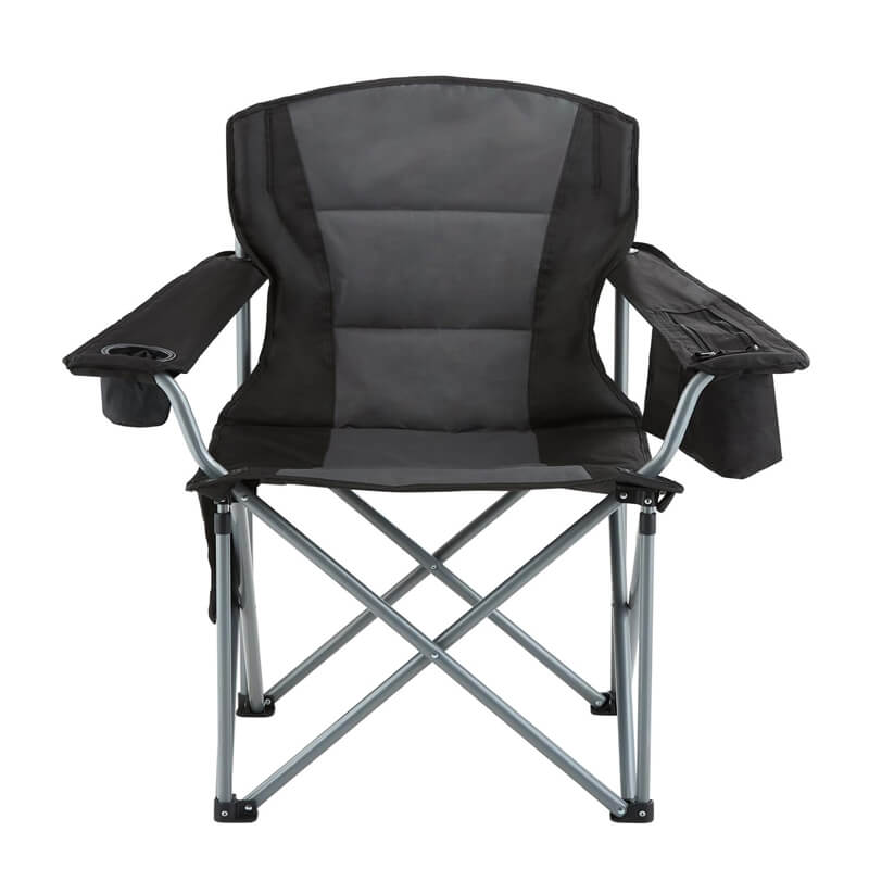 Black and gray color-blocking high back folding camping chair with armrest, cup holder and side storage bag, metal X-shaped bracket outdoor leisure chair, view image.