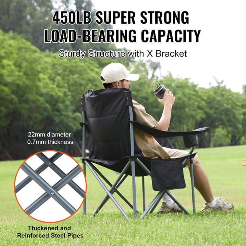 450LB ultra-strong load-bearing outdoor folding camping chair X-shaped reinforced bracket 22mm thickened steel pipe black portable leisure fishing chair grass use scenario