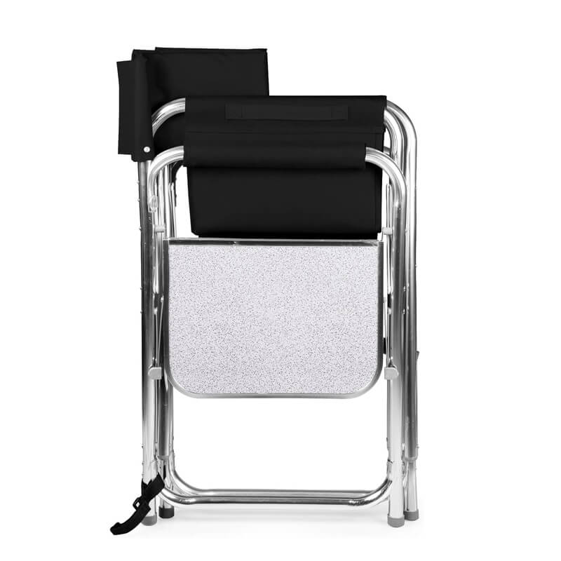 Black director's style folding chair with a silver metal X-shaped reinforced frame and a large capacity multi-pocket storage bag (including a net pouch, cup holder, and a zippered compartment) on the back.