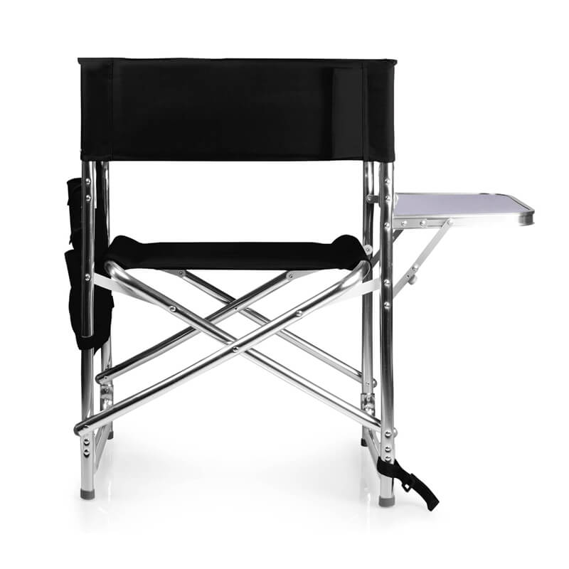 Black director's style folding chair with silver metal X-shaped reinforced bracket, with a folding small table on the right side and a storage bag on the left.