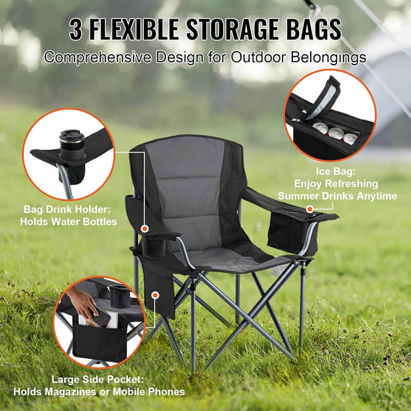 Three storage bags multi-functional outdoor folding camping chair with cup holder ice bag large side pocket black gray color matching leisure fishing picnic chair grass scene display