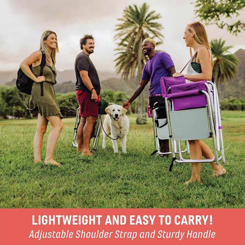 Multi-person lawn leisure scene display; lightweight folding director's chair with adjustable shoulder straps and sturdy handle; includes a scene with a golden retriever interacting