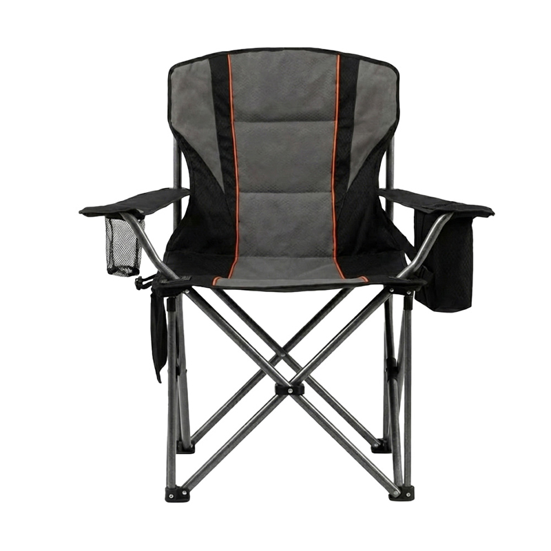 A breathable folding chair suitable for camping and picnicking, with black and gray as the main colors and orange lines as embellishments, a net pocket a storage bag are designed on the armrest for easy placement of personal items, and the metal bracket is stable and durable.