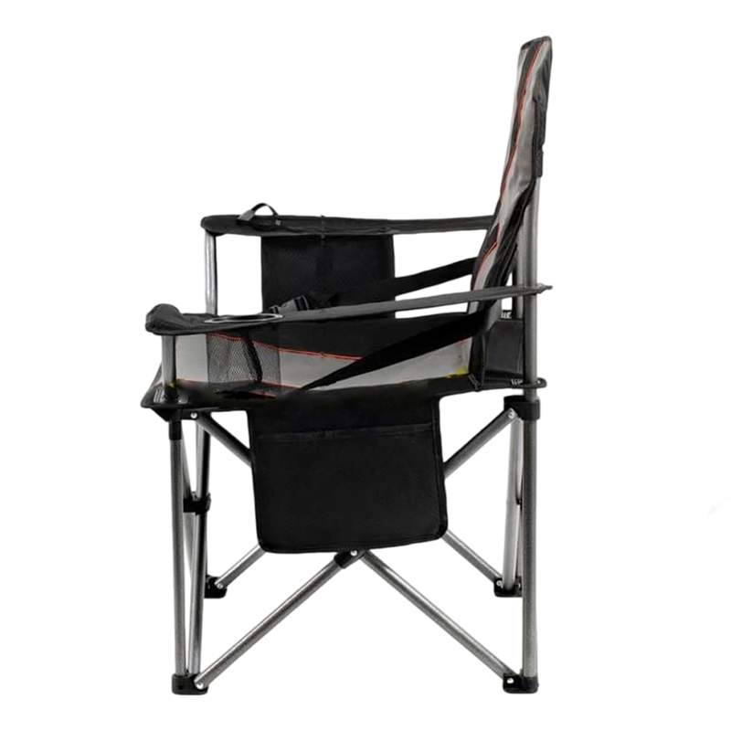A side view of a folding chair suitable for outdoor leisure, featuring a breathable mesh design with a black, gray, and orange color scheme. The armrests and side storage pockets can easily hold drinks, mobile phones, and other personal items. The metal frame provides sturdy support, making it suitable for camping and picnics