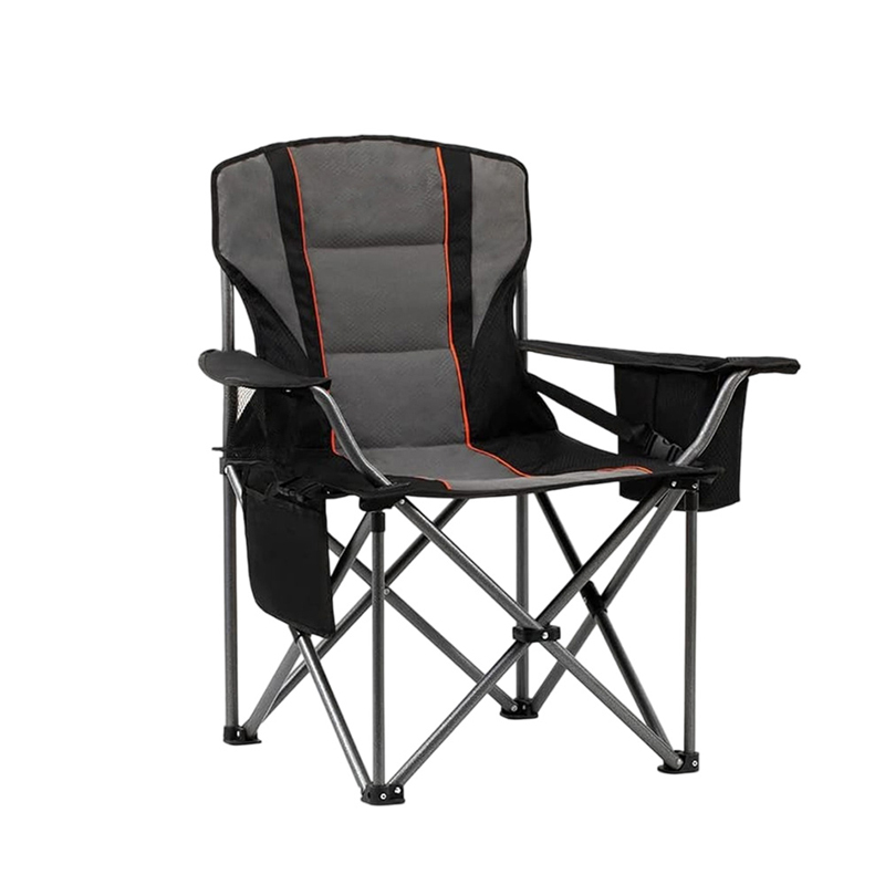 A breathable folding chair suitable for camping and picnics, with a black and gray main color and eye-catching orange lines, the storage design on armrests and sides can easily place drinks, mobile phones and other items, the metal bracket support is stable, portable and practical.