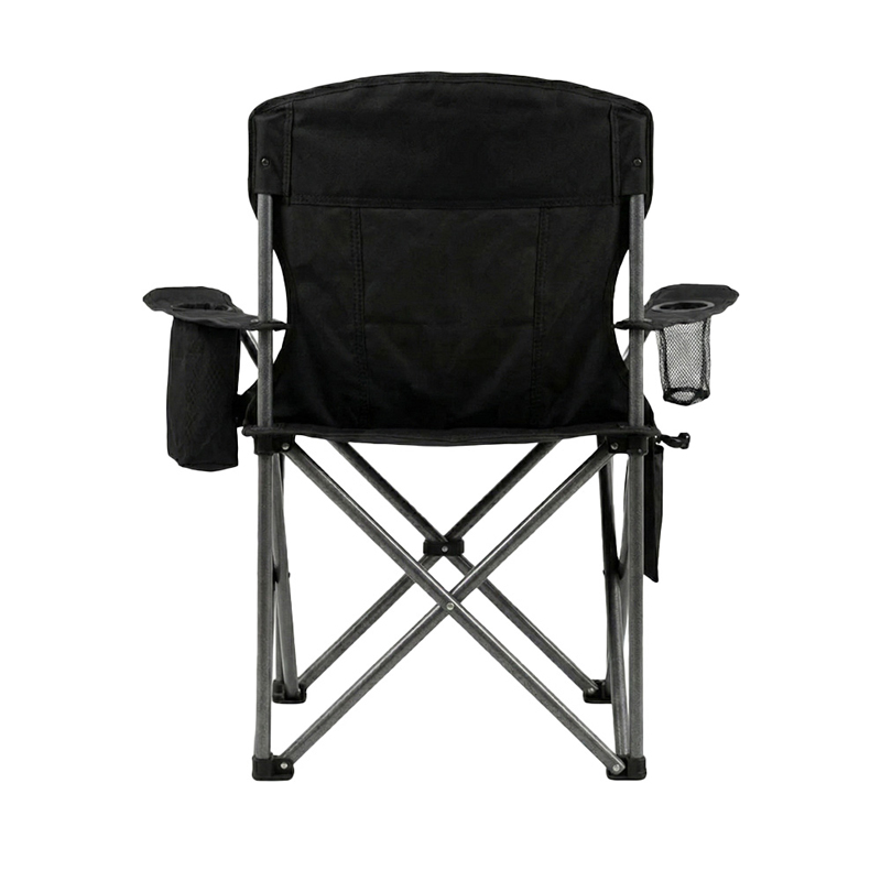 The back of a folding camping chair with an all-black design, featuring storage pockets and a net pouch on the armrests for carrying personal items, supported sturdy metal frames, suitable for camping, fishing and other outdoor scenarios.