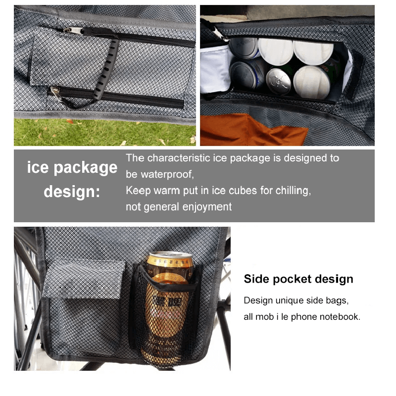 Outdoor camping chair storage details show: above is the waterproof ice bag inside and outside close-up, which can not only hold ice cubes to cool drinks but also keep warm; below is the side net pocket and storage bag, which can hold drinks, mobile phones and other small items at will, meeting the storage needs of outdoor travel
