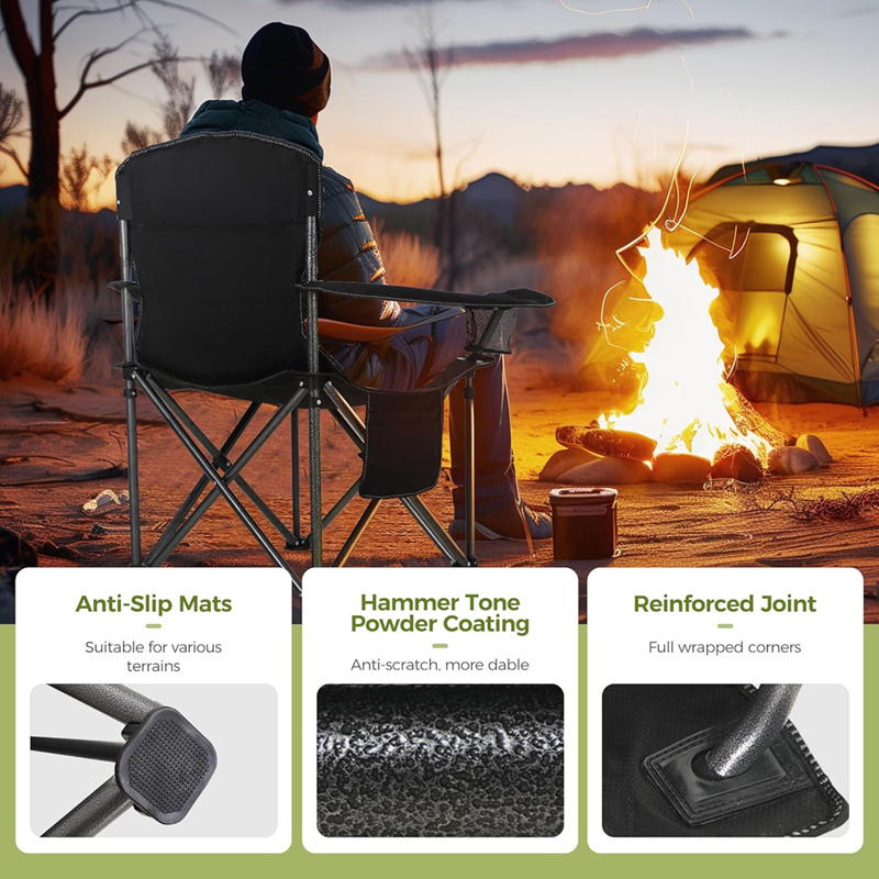 Ambiance of camping in the twilight wilderness: a person sitting in a comfortable folding camping chair, enjoying the leisure time by the campfire and tent. chair's slip-resistant foot pads, wear-resistant hammertone coating, and reinforced joints design highlight the outdoor practicality