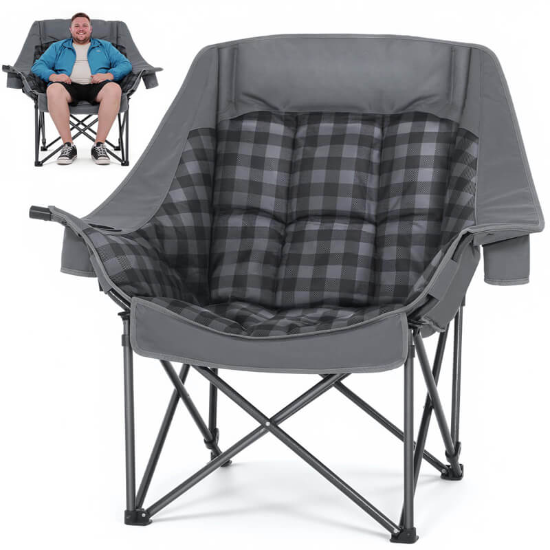Oversized folding moon camping chair in dark gray with black plaid padded seat and backrest, heavy-duty steel frame, portable foldable design, ideal for car camping, beach trips, and outdoor gatherings, supports large users