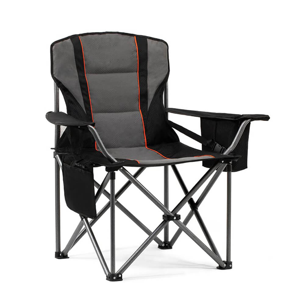 Black and gray color-blocking camping chair with orange lines and high backrest; folding design with breathable mesh fabric; with side storage bag and armrest holder; metal X-shaped bracket for outdoor leisure chair; front view image.