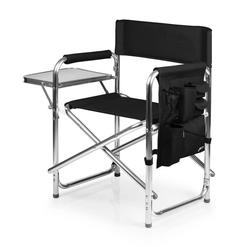 Black director's style folding chair with silver metal X-shaped frame, left side with a retractable small tabletop, right side with a multi-p storage bag (including a cup holder net pouch)