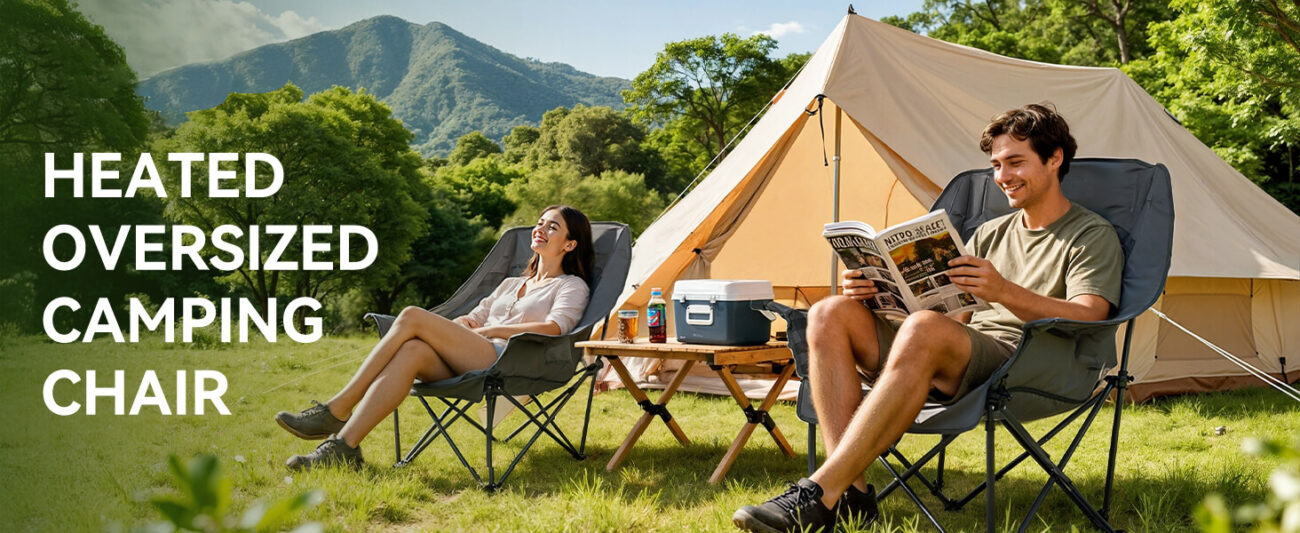A man and woman relaxing in heated oversized camping chairs at a sunlit forest campsite, with a beige tent, mountain backdrop, and a small table with a cooler and drinks. Bold text overlay reads "HEATED OVERSIZED CAMPING CHAIR", ideal for outdoor camping, hiking, and fall/winter trips