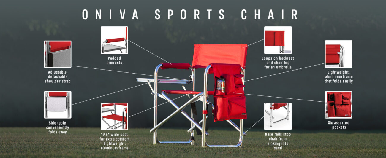 Director's chair; grass scene display; around the core function points: adjustable and detachable shoulder straps, folding small table top, thickened arms, 19.5-inch wide seat, lightweight aluminum folding frame, backrest/chair leg umbrella hole, six storage pockets, anti-trap base
