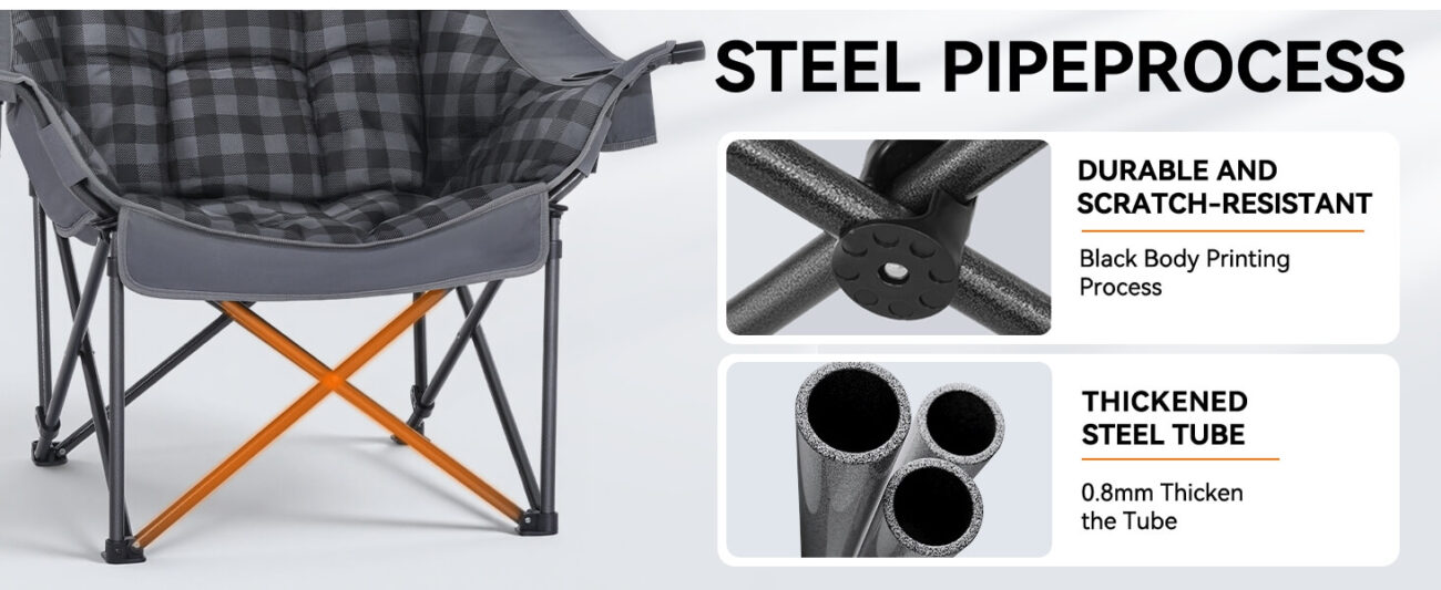 Oversized dark gray plaid folding camping chair highlighting its heavy-duty steel frame, with close-up details showing scratch-resistant black body printing process on cross-braced steel pipes and 0.8mm thickened steel tubes, text overlay "STEEL PIPE PROCESS", ideal for outdoor camping and heavy use