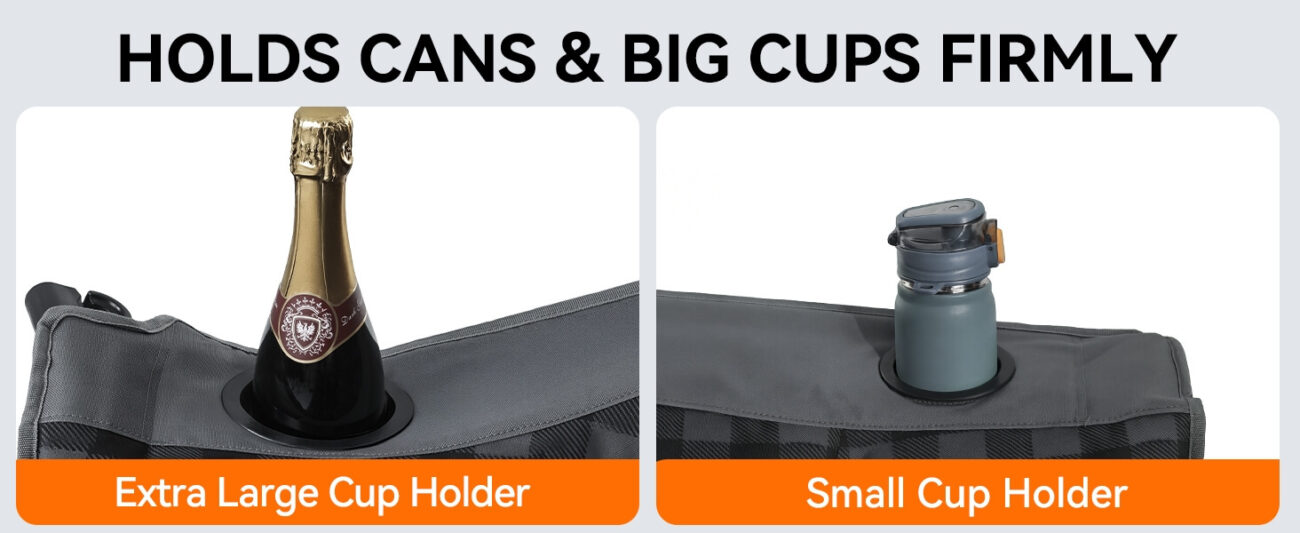 Dual cup holders on a dark gray oversized folding camping chair, with an extra large cup holder holding a champagne bottle and a small cup holder holding a water bottle. Text overlay reads "HOLDS CANS & BIG CUPS FIRMLY", highlighting the chair's versatile drink storage for outdoor camping, picnics, and tailgating
