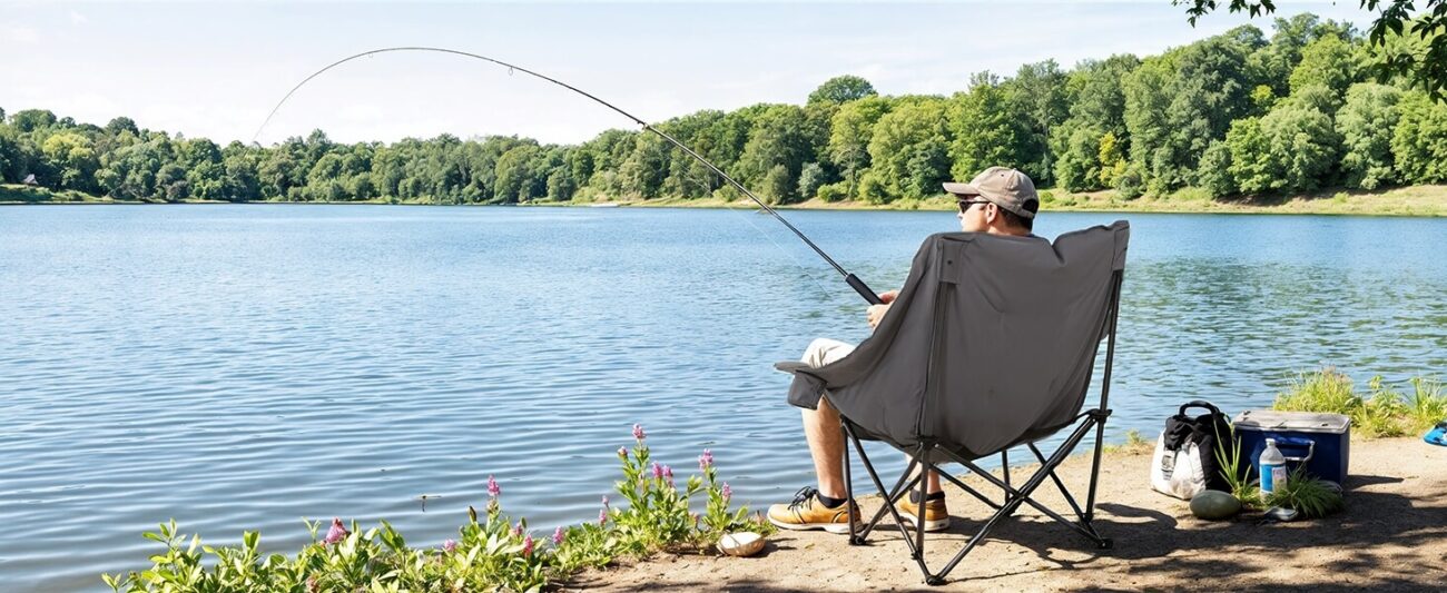 A man fishing from an oversized dark gray folding camping chair on a lakeside shore, with a calm blue lake and forest backdrop, alongside a cooler and gear bag, ideal for fishing, camping, and outdoor leisure
