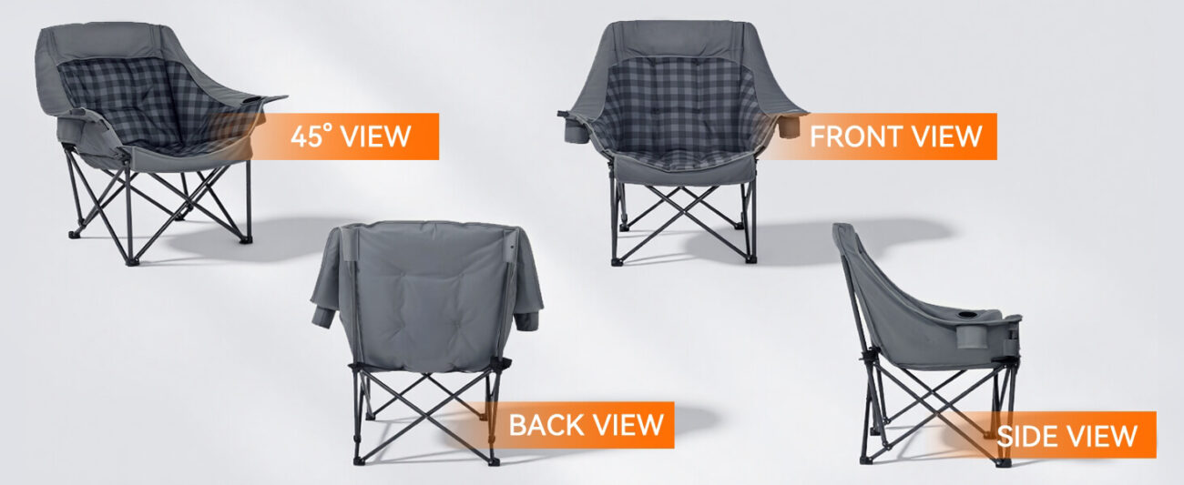 Multi-angle view of an oversized dark gray folding camping chair with a plaid padded seat, showing 45° view, front view, back view, and side view with a built-in cup holder, ideal for outdoor camping, picnics, and tailgating