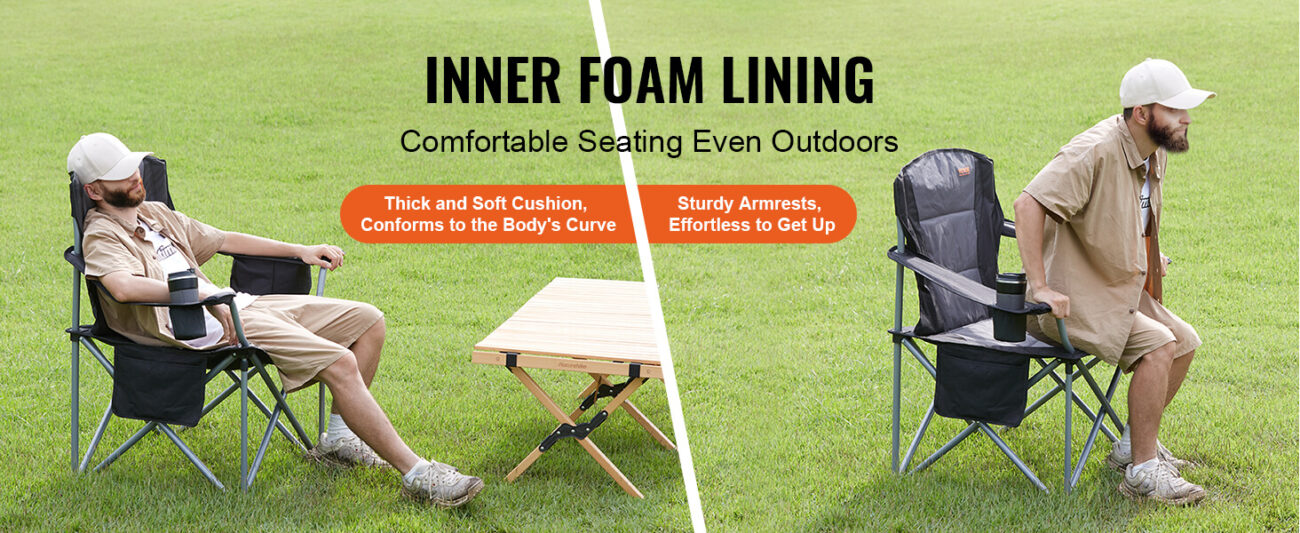 Folding camping chair with high back inner foam cushion; thick and soft seat cushion fits the body curve; sturdy armrests for easy getting up; outdoor grass with folding table scene.