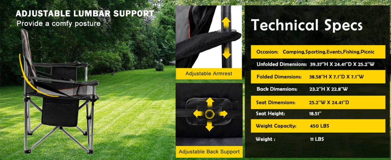 Camping Folding Chair with Adjustable Lumbar Support; Grass Scene Display; with Adjustable Armrest/Back Support Details; with Technical Specifications (50LBS Load Capacity/11LBS Self-Weight/Unfold Fold Dimensions) and Applicable Scenarios (Camping/Sports/F/Picnic) Parameters Chart on the Right