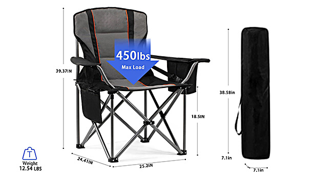 Black and gray color-blocking camping chair with orange lines and a high backrest; foldable with a maximum load of 450 lbs/1.54 lbs weight; includes dimensions when unfolded (39.37"H×24.41"D×25.2"W) and (38.58"H×7.1"W×7.1"D), as well as a storage bag. Product parameter display image
