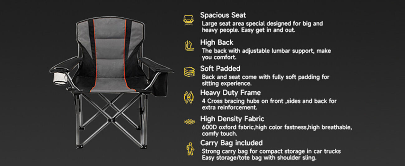 Black and gray color-blocking camping chair with orange lines and a high backrest that can be folded. The key selling points are marked on the right spacious seat (suitable for people with a large body type), high backrest with adjustable lumbar support, full soft pad design, heavy-duty reinforced frame, 60D high-density Oxford fabric, and a matching storage bag. The product function parameters are shown in the picture.