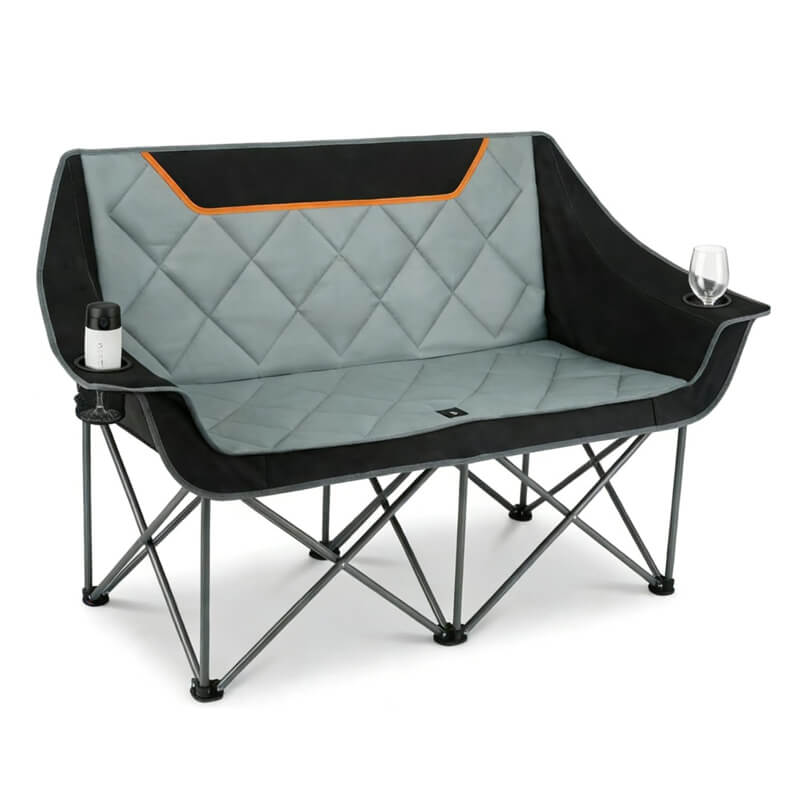Gray and black two-person folding camping sofa chair with side cup holder for outdoor leisure chair