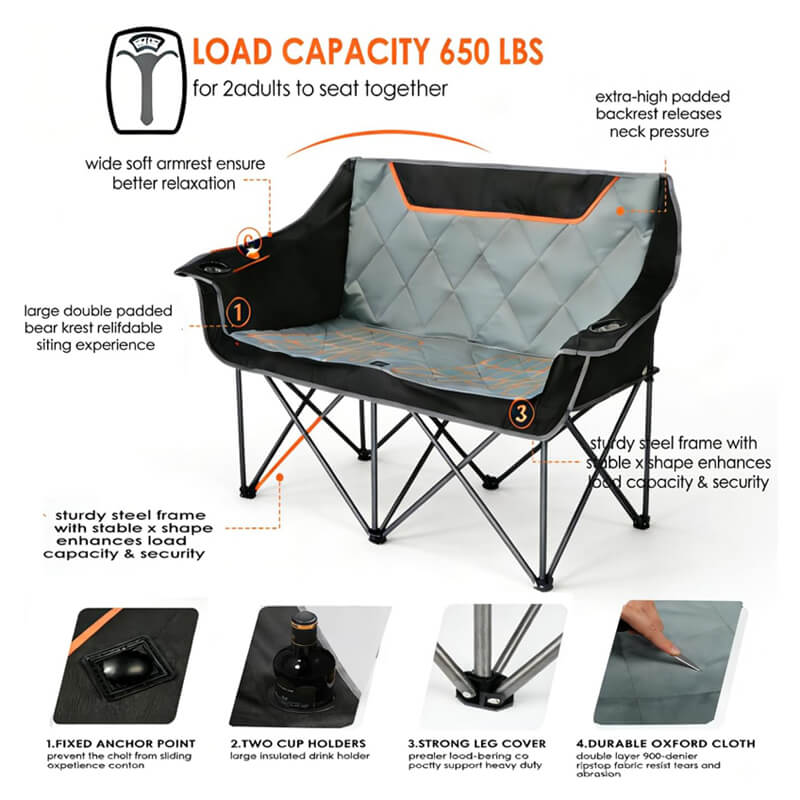 650-pound capacity double folding camping sofa chair with cup holder outdoor leisure chair metal frame