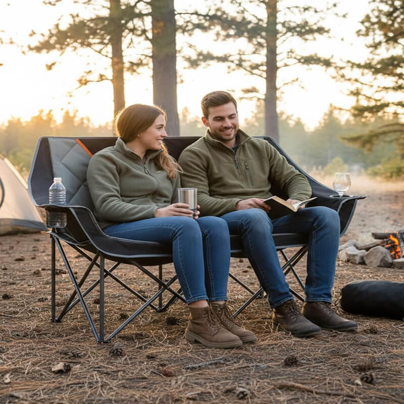 Outdoor camping scene for couples; double folding camping sofa chair; leisure chair in the forest at sunset.