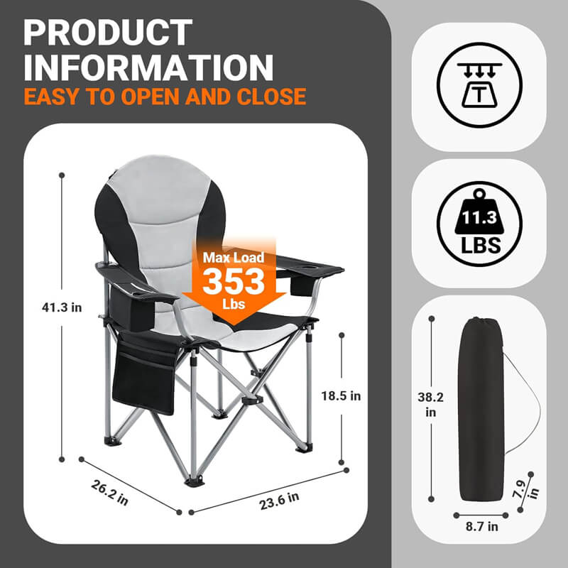 High back folding camping chair specifications chart with a load capacity of 353lbs/weight of 11.3lbs; easy to open and close includes a storage bag size; suitable for outdoor fishing and picnics.