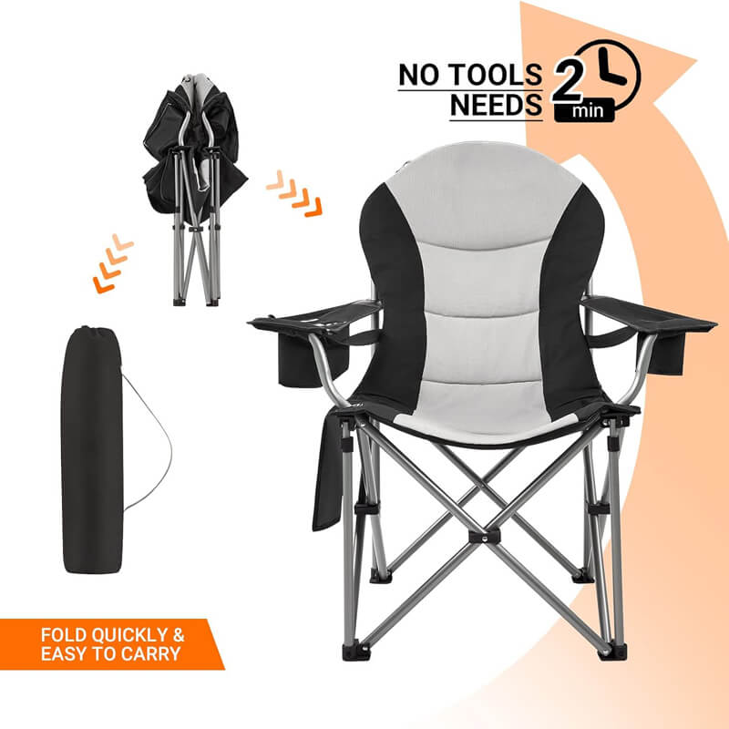 Foldable camping chair with high backrest; portable seat for outdoor fishing and picnic; quick folding without tools.