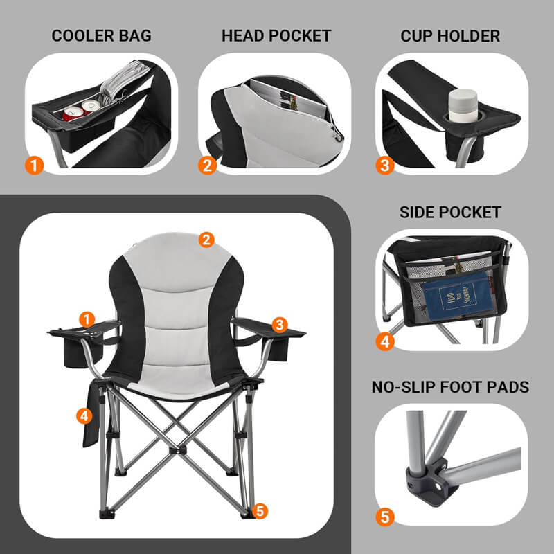 Folding Camping Chair with High Back and Multiple Pockets; with Cooling Bag and Anti-Slip Foot Pads; for Outdoor Fishing andnicking