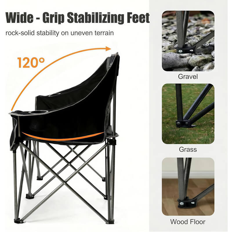 Anti-slip wide base double folding camping chair with 120° adjustable backrest for outdoor leisure use