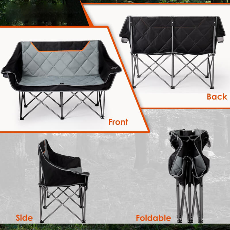 Foldable double camping sofa chair; multi-angle display; portable outdoor leisure chair.