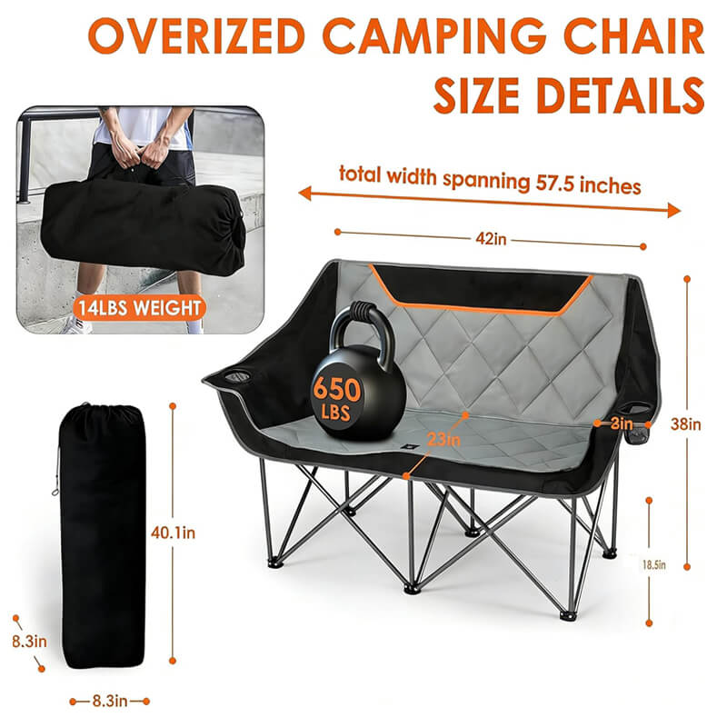 Extra large double camping chair size chart 650 lbs weight capacity 14 lbs weight portable storage bag