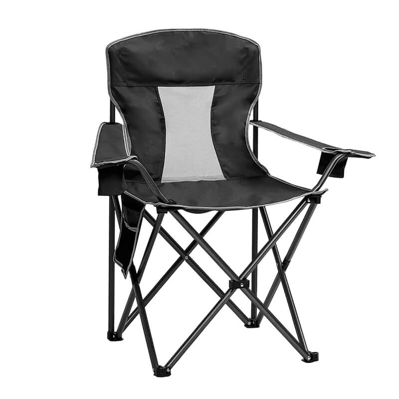 Black folding camping chair with breathable mesh back panel and white contrast trim, featuring a sturdy X-frame structure and side storage pocket, ideal for outdoor camping, hiking, and picnic activities