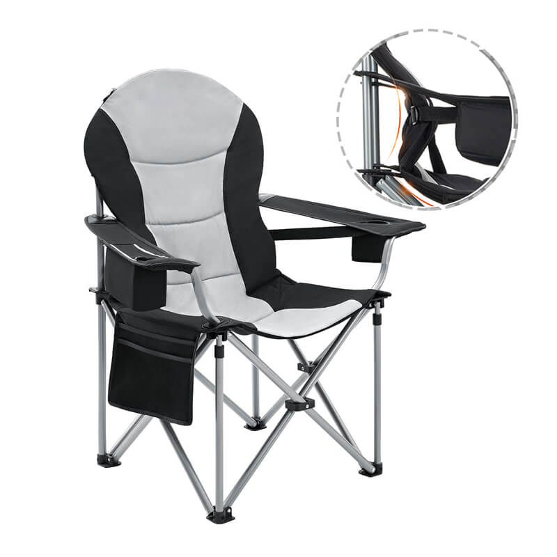 Black and gray color-blocking high back folding camping chair with armrest, cup holder and side storage bag, portable and thickened leisure fishing chair for outdoor