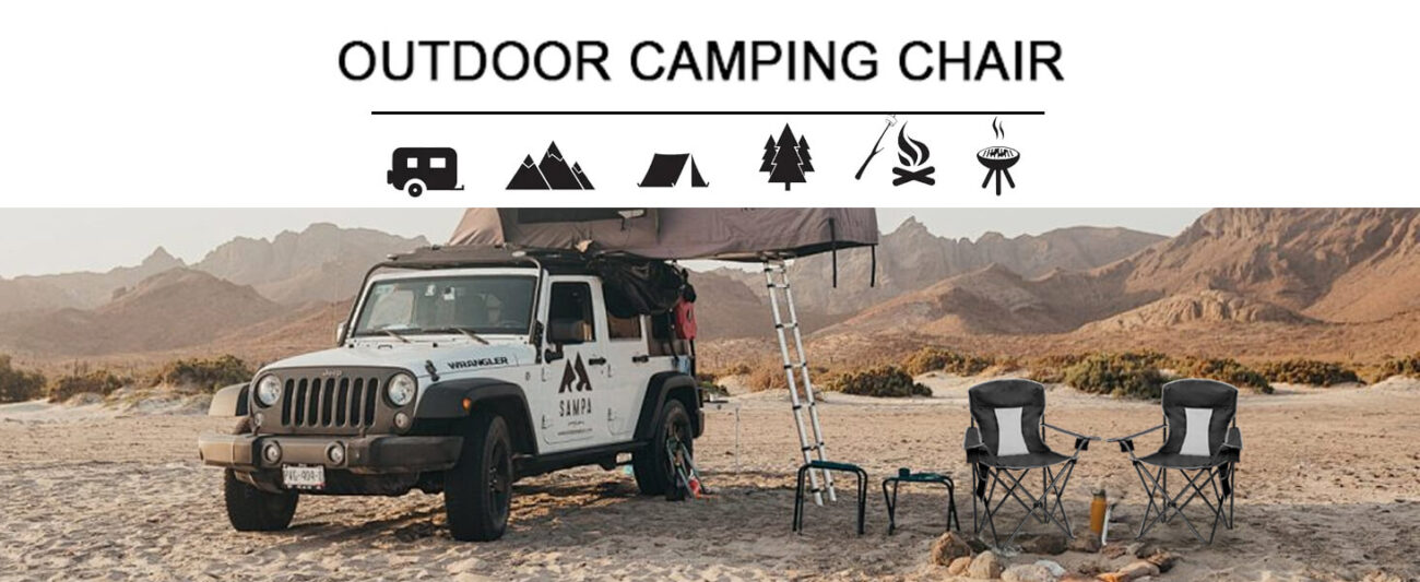 Outdoor camping chair banner showing two breathable mesh folding camping chairs set up in a desert off-road campsite, paired with a white Jeep Wrangler equipped with a rooftop tent and awning. The top of the image features the text "OUTDOOR CAMPING CHAIR" and icons representing RV, mountains, tents, campfires, and grilling, ideal for off-road camping, desert exploration, and outdoor adventure themes.