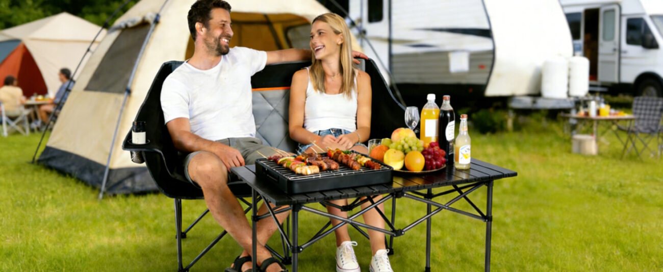 Core Version: Couple Enjoying Camping BBQ on Double Folding Camping Chair with Cup Holders