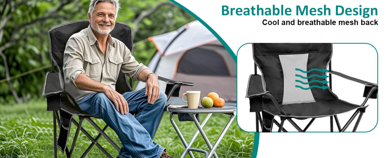 Promotional image for a breathable mesh camping chair, featuring an elderly man relaxing on the chair in a grassy campsite with a tent, side table, coffee cup, and fruit in the background. An inset highlights the ventilated mesh back panel with airflow graphics, paired with the text "Breathable Mesh Design" and "Cool and breathable mesh back". Ideal for users searching for cool, comfortable outdoor seating for camping, picnics, and leisure.