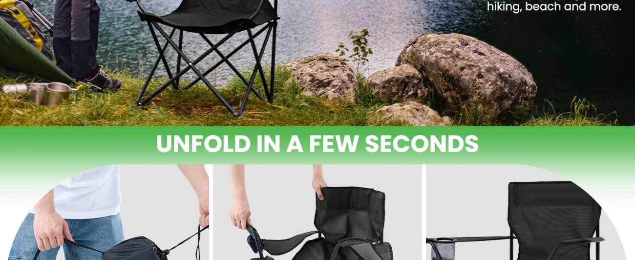 Camping by the lake: a black folding chair is firmly placed on the grass, with a clear demonstration of the three-step unfolding below, intuitively presenting convenience of "setting up in seconds", allowing outdoor enthusiasts to quickly have a comfortable resting space without complicated operations.