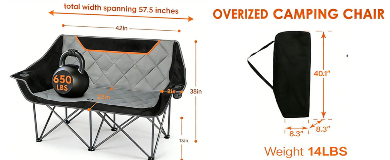 Core Version: Oversized 2-Person Camping Chair Size Details, 650 LBS Capacity, 14 LBS Weight with Carry Bag