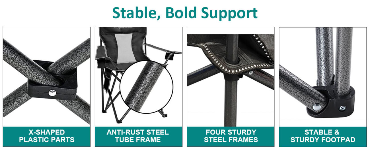 Stability feature breakdown for a breathable mesh camping chair, showcasing four key structural components: X-shaped plastic connecting parts, anti-rust steel tube frame, four sturdy steel support frames, and stable non-slip footpads. The header text "Stable, Bold Support" emphasizes durability and load-bearing capacity, ideal for users seeking heavy-duty outdoor seating for camping and fishing.