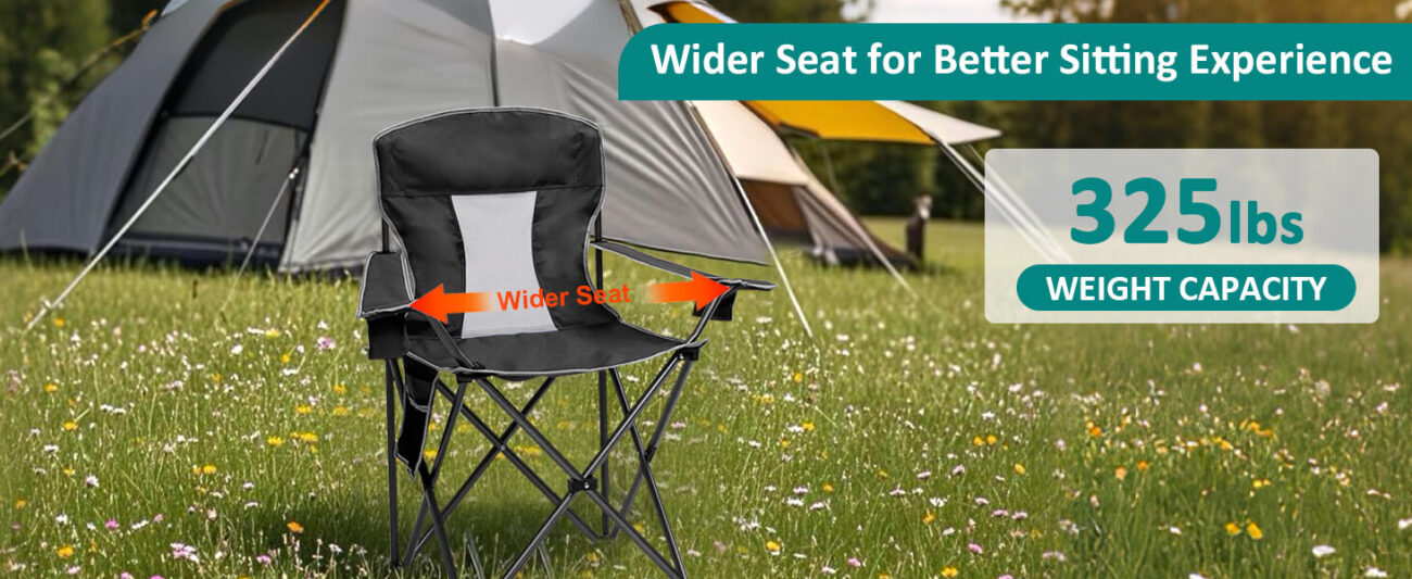 Camp chair with wide seat and breathable mesh fabric for outdoor activities: Camping scene on a grassland full of wildflowers. "Wide seat for, large load capacity, breathable mesh fabric" are the selling points, suitable for camping, picnic and other outdoor scenarios.