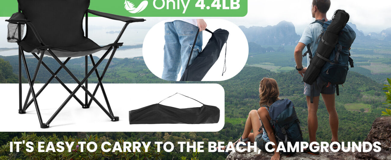 Hiking camping scene photo: a pair of backpackers carrying only 4.4 pounds of portable folding chairs reach the top of the scenic view, the chairs be easily carried by hand or fixed on the backpack after folding, intuitively reflecting the outdoor experience of "lightweight travel, rest at any time".