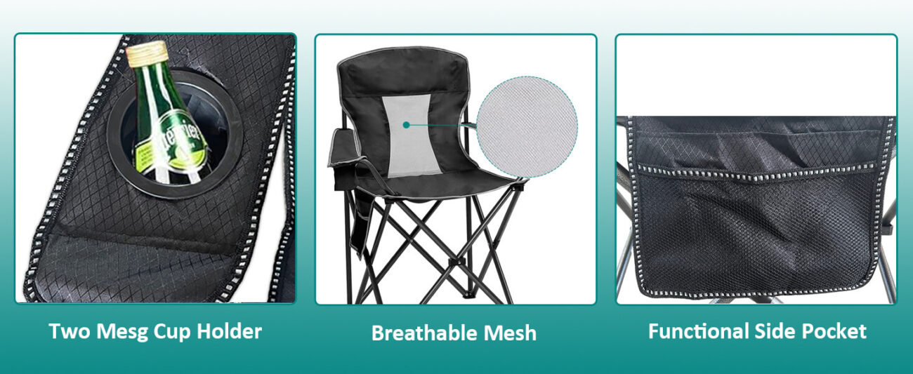 Feature collage of a breathable mesh camping chair, showcasing three key details: dual mesh cup holders (with a bottle in one holder), a ventilated mesh back panel, and a functional side storage pocket. The labels "Two Mesh Cup Holder", "Breathable Mesh", and "Functional Side Pocket" highlight practical design, ideal for users searching for storage-friendly, ventilated outdoor seating for camping and picnics