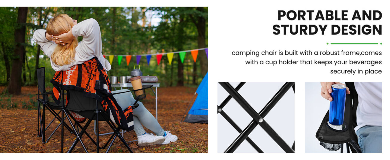 Leisure time of forest camping: a lady wrapped in a blanket leans on a black folding chair to relax, the chair comes with a cup holder to place, and the X-shaped steel frame structure provides stable support, showing the comfort and practicality of camping chairs in outdoor scenarios.
