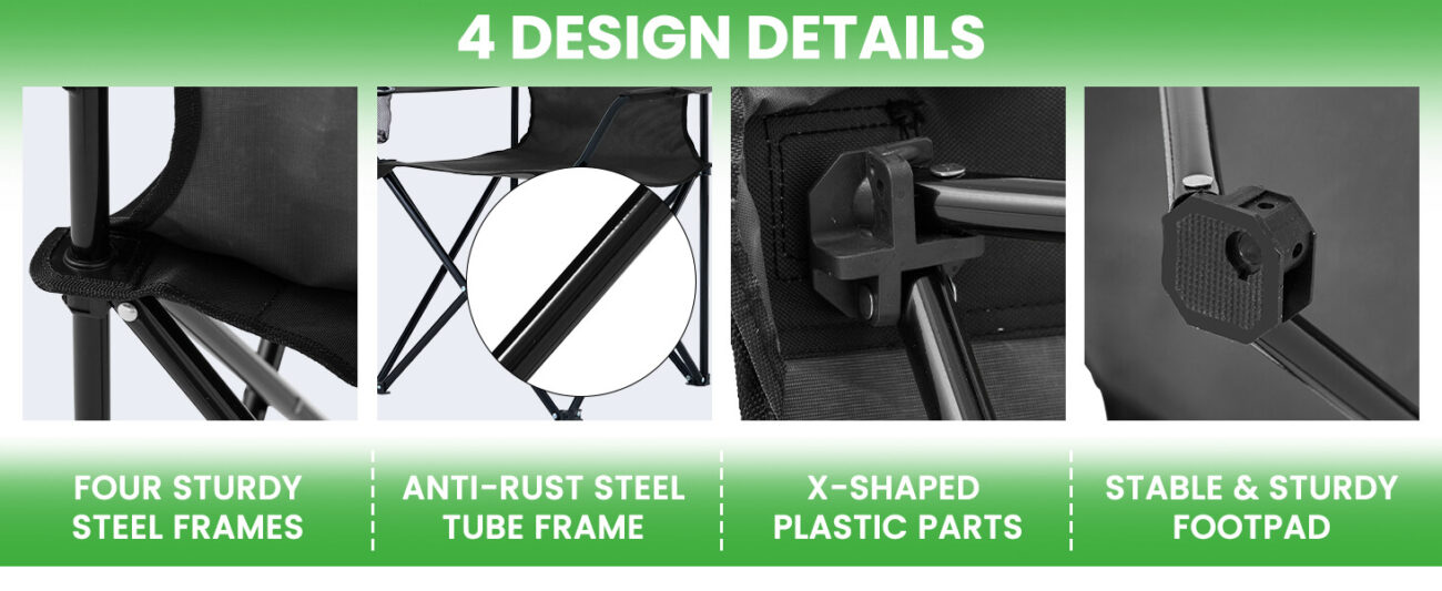4 design details of black portable folding camping chair: Close-up shots showcase four sturdy steel frames, anti-rust steel tube frame, X-shaped plastic connecting parts, and stable non-slip footpads. Text highlights structural durability and stability, ideal for outdoor camping, hiking, and fishing