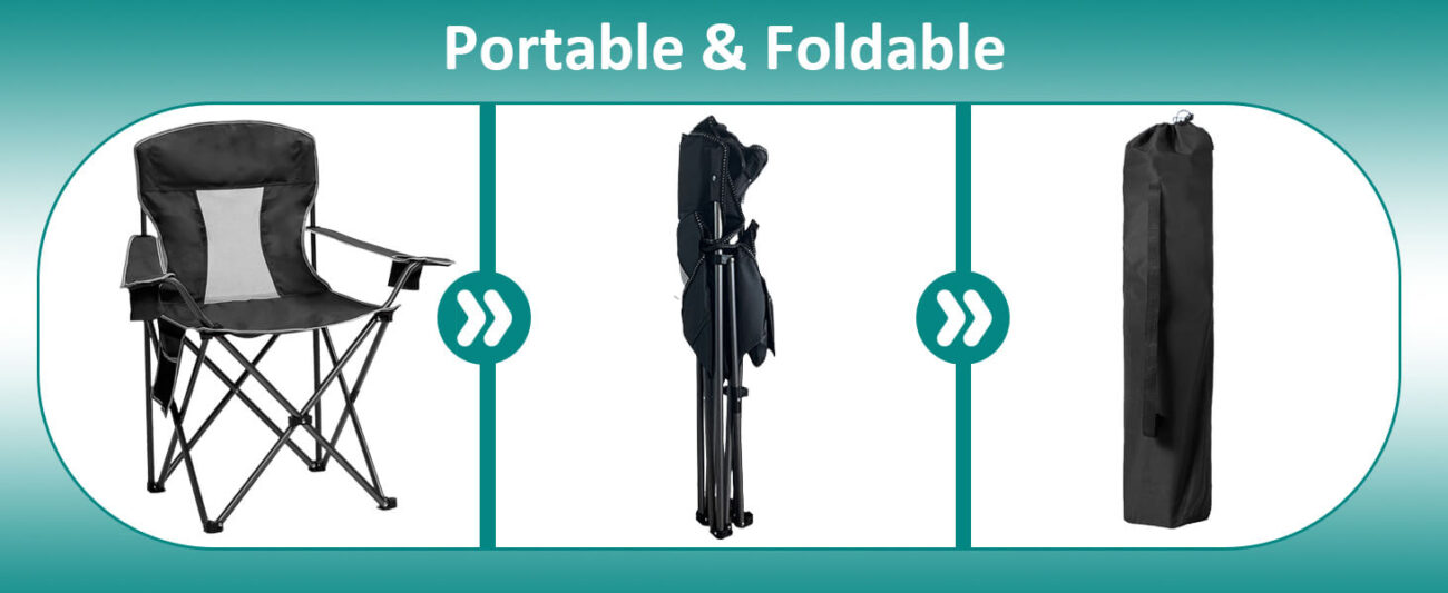 Feature breakdown of a breathable mesh folding camping chair, displaying three practical design elements: dual mesh cup holders (with a beverage bottle in one), a ventilated mesh back panel, and a spacious functional side storage pocket. Labeled with "Two Mesh Cup Holder", "Breathable Mesh", and "Functional Side Pocket", this image highlights the chair's storage and comfort features, ideal for users seeking versatile outdoor seating for camping, picnics, and hiking