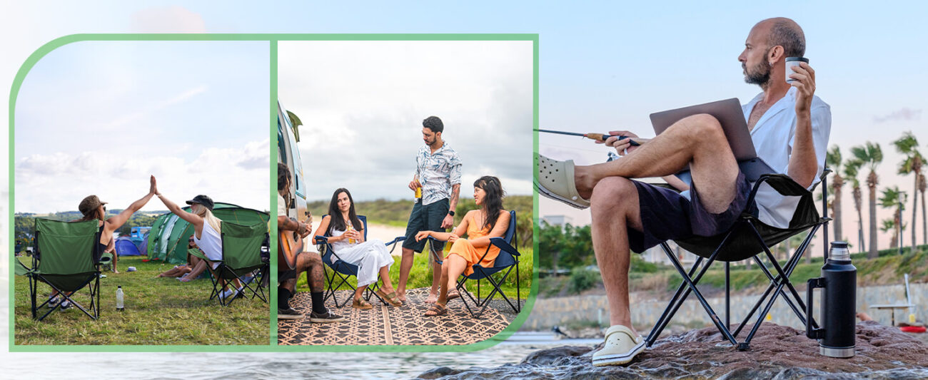 Multi-scene showcase of portable folding camping chairs: left shows friends high-fiving at a grassy campsite, middle features a group gathering by an RV, right depicts a man fishing and working on a laptop at the beach. Highlights the chair's versatility for camping, RV trips, beach fishing, and outdoor leisure activities